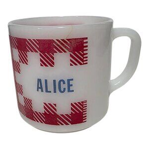 Vintage Milk Glass Federal Glass Mug Alice In Red Gingham D Handle Flawed